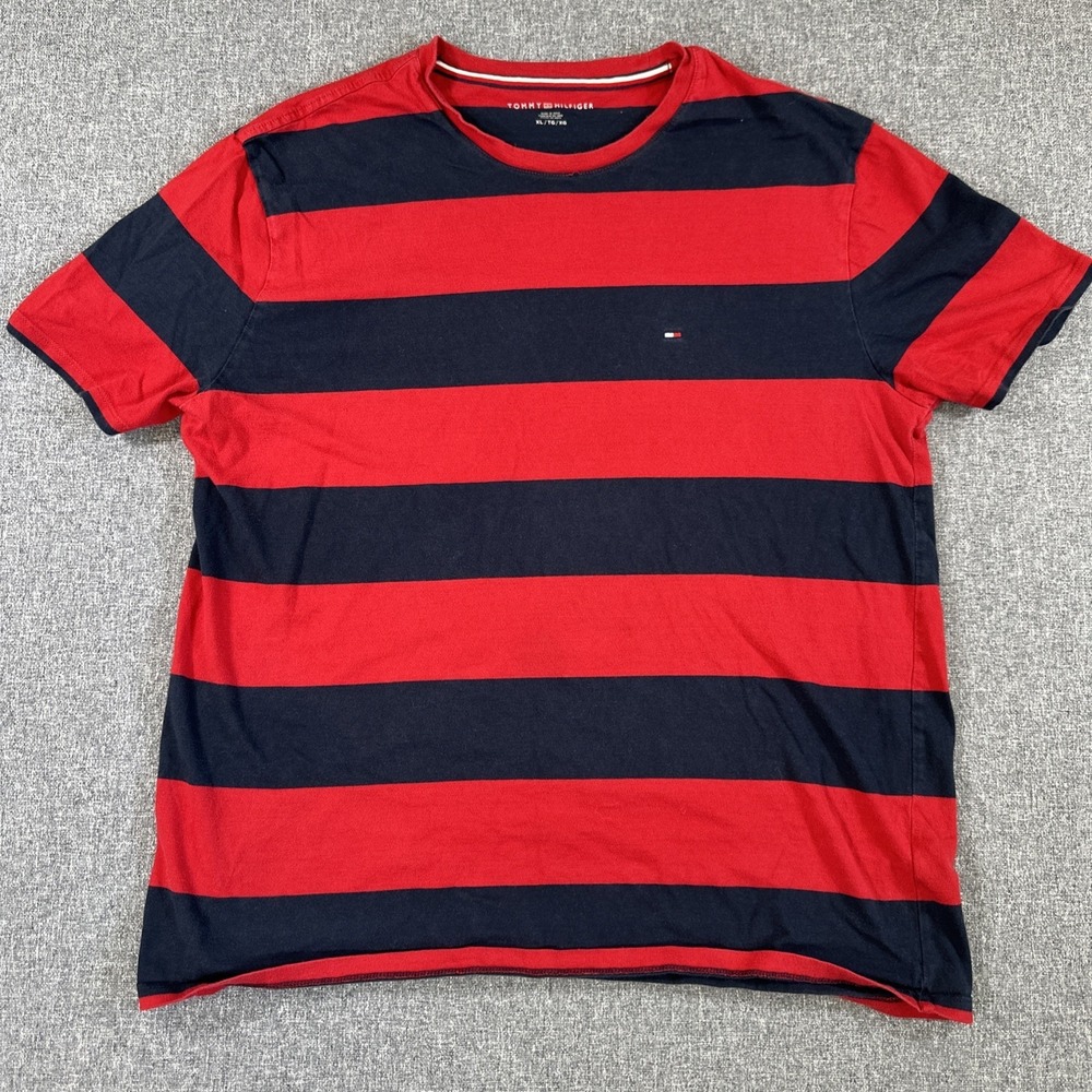 Tommy Hilfiger Striped T Shirt Mens XL Red Blue Flag Logo Crew Neck Casual